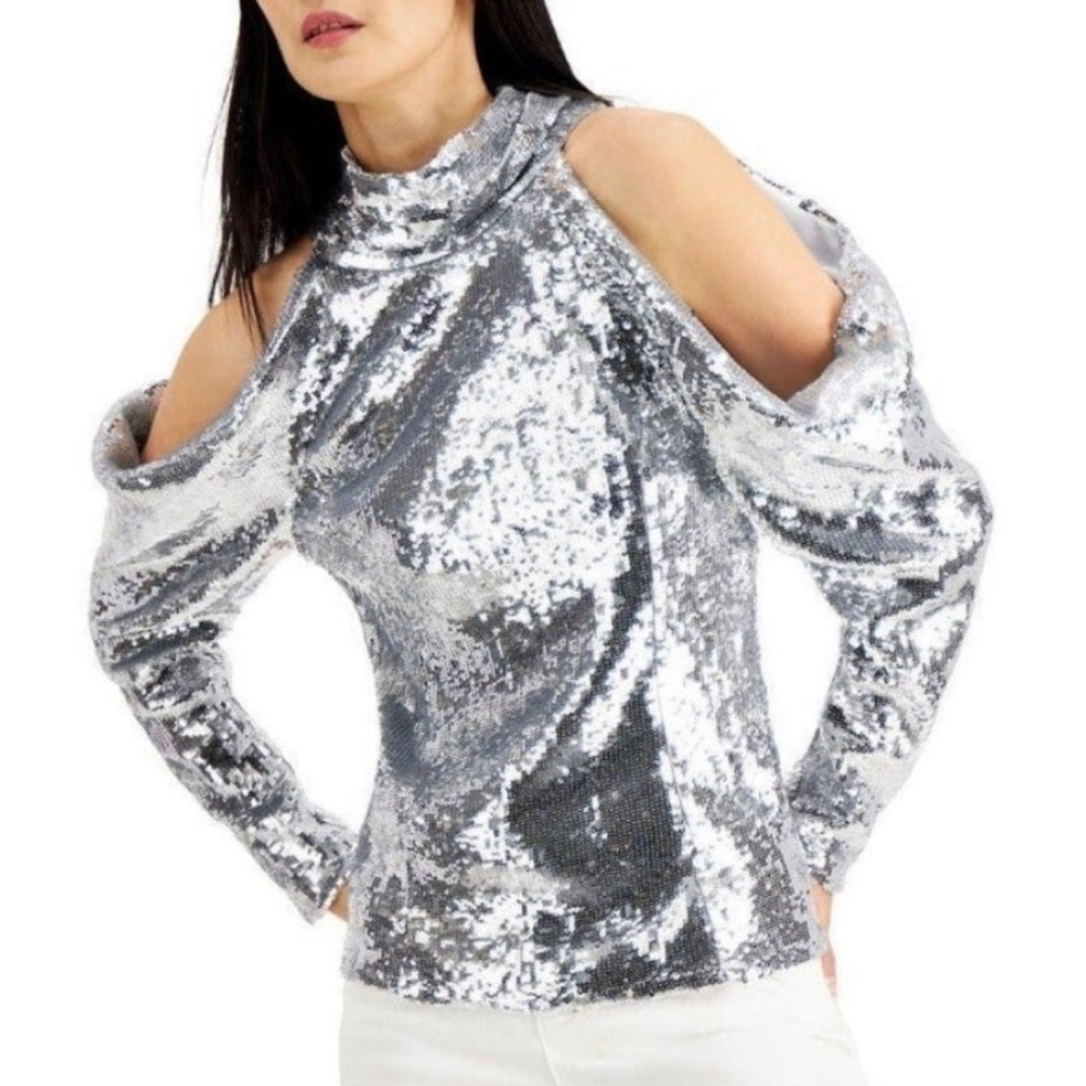 INC Cold-Shoulder Blouse Top S Silver Sequins Sparkle Scarf-Tie NEW